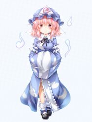 Rule 34 | 1girl, black footwear, black ribbon, blue background, blue hat, blue kimono, blush, breasts, center frills, closed mouth, frilled shirt collar, frills, full body, hands in opposite sleeves, hat, highres, japanese clothes, kimono, light blue background, long sleeves, looking at viewer, marukyuu ameya, mary janes, medium breasts, medium hair, mob cap, neck ribbon, pink eyes, pink hair, ribbon, saigyouji yuyuko, shoes, simple background, smile, socks, solo, touhou, triangular headpiece, white socks, wide sleeves
