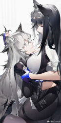 Rule 34 | 2girls, absurdres, animal ears, arknights, black gloves, black hair, black pantyhose, blue gloves, breasts, eye contact, fingerless gloves, gloves, grey eyes, grey hair, highres, holding, holding hair, hug, lappland (arknights), large breasts, long hair, looking at another, multiple girls, pantyhose, red eyes, smile, texas (arknights), wolf ears, wolf girl, yuri, yushe quetzalli