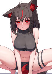 Rule 34 | 1girl, absurdres, ahoge, alternate breast size, animal ear fluff, animal ears, bare arms, bare shoulders, barefoot, black hair, black shirt, black shorts, blush, breasts, closed mouth, commentary request, crop top, deaver, fox ears, fox girl, fox tail, highres, hololive, kurokami fubuki, large breasts, looking at viewer, medium hair, multicolored hair, navel, pentagram, red eyes, red hair, revision, shirt, short shorts, shorts, simple background, sleeveless, sleeveless shirt, solo, squatting, stomach, streaked hair, sweatdrop, tail, thigh strap, thighs, tiptoes, virtual youtuber, white background
