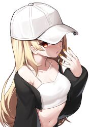 Rule 34 | 1girl, absurdres, bare shoulders, baseball cap, black jacket, blonde hair, breasts, camisole, cleavage, commentary, crop top, hand up, hat, highres, iznal, jacket, jingburger, long hair, long sleeves, looking at viewer, medium breasts, midriff, nail polish, navel, off shoulder, open clothes, open jacket, orange eyes, solo, spaghetti strap, stomach, upper body, very long hair, virtual youtuber, waktaverse, white hat, yellow nails