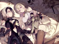 Rule 34 | 2girls, armor, bad id, bad pixiv id, bare shoulders, bed sheet, black flower, black legwear, blonde hair, blue eyes, breasts, chain, cleavage, cleavage cutout, closed mouth, clothing cutout, elbow gloves, embarrassed, fate/grand order, fate (series), flower, fur trim, gauntlets, gloves, grey eyes, hair between eyes, headpiece, holding, holding flower, holding hands, jeanne d&#039;arc (fate), jeanne d&#039;arc (ruler) (fate), jeanne d&#039;arc (third ascension) (fate), jeanne d&#039;arc alter (avenger) (fate), jeanne d&#039;arc alter (avenger) (third ascension) (fate), jeanne d&#039;arc alter (fate), large breasts, lily (flower), long hair, looking at viewer, lying, metal gloves, multiple girls, multiple persona, navel, on back, on side, parted lips, sidelocks, skindentation, smile, tareme, thighhighs, tsurime, very long hair, white flower, yukisame