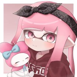 Rule 34 | 1girl, black bow, black hairband, blue bow, border, bow, bow hairband, brown background, closed eyes, closed mouth, commentary request, gradient background, hair bow, hairband, highres, hood, hoodie, inkling, inkling girl, inkling player character, long hair, looking at viewer, my melody, nintendo, onegai my melody, outside border, pink eyes, pink hair, pointy ears, print hoodie, red hoodie, sanrio, sh f0y, simple background, smile, splatoon (series), tentacle hair, upper body, white border