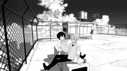 Rule 34 | 1boy, 1girl, can, cloud, collared shirt, food, greyscale, highres, kushiro yuu, looking afar, looking at another, monochrome, original, pants, parted lips, popsicle, rooftop, shadow, shirt, short hair, sitting, sky, sleeves rolled up, sweater vest