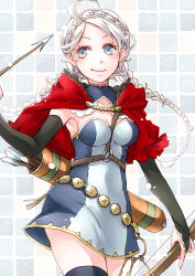 Rule 34 | ahoge, armpits, arrow (projectile), black bridal gauntlets, black thighhighs, blue eyes, bow (weapon), braid, breasts, bridal gauntlets, buttons, choker, cleavage, closed mouth, ebi puri (ebi-ebi), fire emblem, fire emblem cipher, fire emblem fates, hairband, harness, holding, holding arrow, holding bow (weapon), holding weapon, key, keyring, long hair, looking to the side, low twintails, medium breasts, nina (fire emblem), nintendo, o-ring, official alternate costume, parted bangs, quiver, smile, thighhighs, turtleneck, twin braids, twintails, weapon, white choker, white hair, white hairband
