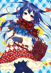 Rule 34 | 1girl, bag, blue hair, blue pantyhose, commentary request, cowboy shot, floating hair, hair between eyes, long hair, long sleeves, love live!, love live! school idol festival, love live! school idol project, open mouth, pantyhose, plaid, plaid scarf, ponton, scarf, smile, solo, sonoda umi, winter clothes, yellow eyes