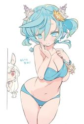 Rule 34 | 2girls, animal ears, aqua eyes, aqua hair, bikini, blade (galaxist), blush, breasts, character doll, clarice umbra, cleavage, commentary, commentary request, erika oldenburg, fins, flower, hair flower, hair ornament, head fins, kirara ookami, long hair, looking at viewer, medium breasts, mole, mole under eye, multiple girls, navel, parted lips, peeking, peeking out, pop-up story, rabbit ears, rabbit girl, red eyes, shell hair ornament, short hair, simple background, siren (mythology), surprised, swimsuit, white background, white hair