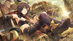 Rule 34 | antenna hair, belt, black hair, boots, breasts, building, cleavage, cloud, crossed legs, faceless, game cg, grin, high heel boots, high heels, idolmaster, idolmaster million live!, idolmaster million live! theater days, industrial pipe, kikuchi makoto, mohawk, navel, official art, shoe soles, sitting, smile, thigh boots