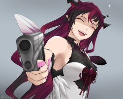 Rule 34 | 1girl, aiming, aiming at viewer, closed eyes, dress, false smile, gun, handgun, highres, holding, holding gun, holding weapon, hololive, hololive english, horns, irys (hololive), irys (irys 1.0) (hololive), long hair, multiple horns, nail polish, open mouth, pistol, pointy ears, red hair, shaded face, sleeveless, sleeveless dress, smile, solo, swoosh, twitter username, upper body, virtual youtuber, weapon