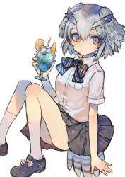 Rule 34 | 1girl, alternate costume, bad id, bad twitter id, bird tail, bird wings, blonde hair, bow, bowtie, collared shirt, commentary request, cup, desuka (sasadango6), drinking straw, food, footwear bow, fruit, glass, grey hair, grey socks, hair between eyes, head wings, highres, holding, holding cup, kemono friends, lemon, lemon slice, loafers, multicolored hair, northern white-faced owl (kemono friends), pleated skirt, school uniform, shirt, shoes, short hair, short sleeves, skirt, socks, solo, striped bow, striped bowtie, striped clothes, striped neckwear, tail, white hair, white shirt, wings
