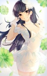 Rule 34 | 1girl, bare shoulders, black hair, blurry, blurry foreground, blush, breasts, brown eyes, cleavage, dress, gloves, green flower, grin, hand in own hair, happy birthday, highres, idolmaster, idolmaster shiny colors, kumano09 (yaecha0), long hair, looking at viewer, mayuzumi fuyuko, medium breasts, pencil skirt, see-through, skirt, sleeveless, smile, solo, standing, two side up, white dress, white gloves