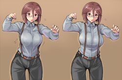 Rule 34 | 00s, 1girl, aged up, breasts, brown background, brown eyes, brown hair, cowboy shot, glasses, inconvenient breasts, large breasts, looking down, pants, rozen maiden, short hair, simple background, solo, souseiseki, suspenders, tsuda nanafushi