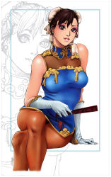 Rule 34 | 1girl, absurdres, adapted costume, arm support, bare shoulders, breasts, brown eyes, brown hair, bun cover, capcom, china dress, chinese clothes, chun-li, detached collar, double bun, dress, earrings, eyeshadow, folding fan, gloves, gtolin chang, hand fan, highres, jewelry, crossed legs, lips, lipstick, makeup, pantyhose, parted lips, see-through, short dress, short hair, sitting, sleeveless, sleeveless dress, smile, solo, street fighter, white gloves, zoom layer