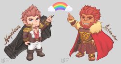 Rule 34 | 2boys, absurdres, artist name, beard, belt, blue eyes, brown hair, cannon, chibi, cloud, couple, epaulettes, facial hair, fate/grand order, fate (series), fringe trim, full body, goatee, highres, iskandar (fate), jacket, lgbt pride, long sideburns, long sleeves, looking at viewer, male focus, military, military uniform, multiple boys, muscular, napoleon bonaparte (fate), open clothes, open jacket, open shirt, pants, pectoral cleavage, pectorals, pointing, pointing up, rainbow, red eyes, red hair, scar, sideburns, simple background, smile, starkrieg, unbuttoned, uniform, white pants