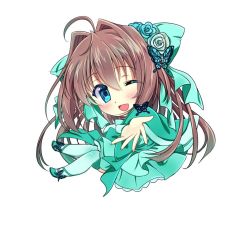 Rule 34 | 1girl, ahoge, asakura otome, blue eyes, blush, bow, brown hair, bug, butterfly, chibi, commentary request, da capo, da capo ii, dress, floating hair, flower, green bow, green dress, green thighhighs, hair between eyes, hair bow, hair flower, hair intakes, hair ornament, insect, kayura yuka, long hair, long sleeves, looking at viewer, one eye closed, outstretched arm, simple background, smile, solo, thighhighs, white background