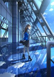 Rule 34 | 1girl, anyotete, blue jacket, blue sky, brown footwear, brown hair, building, cloud, day, from side, full body, high heels, highres, jacket, long hair, looking at viewer, looking to the side, off shoulder, original, plaid, plaid skirt, reflective floor, scenery, skirt, sky, sleeveless, sleeveless sweater, solo, sweater, white sweater