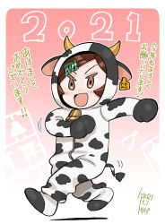 Rule 34 | 1girl, 2021, animal ears, animal hood, animal print, bell, blush, brown eyes, brown hair, chibi, chinese zodiac, cow ears, cow horns, cow print, dated, ear tag, fake animal ears, fake horns, fake tail, hair ornament, hairclip, hood, hood up, horns, kusada, model kit, motion lines, neck bell, open mouth, original, outline, pliers, short hair, signature, silhouette, solo, tail, walking, white outline, year of the ox