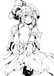 Rule 34 | 1girl, bad id, bad pixiv id, blood, breasts, clothes lift, cuffs, female focus, greyscale, handcuffs, lineart, monochrome, navel, open clothes, open shirt, redcomet, remilia scarlet, shirt, skirt, skirt lift, small breasts, solo, touhou