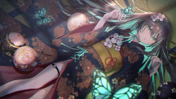 Rule 34 | 1girl, animal, aqua hair, aqua ribbon, ball, black hair, black kimono, blue eyes, blurry, bug, butterfly, butterfly on hand, chigusa hayanagi, choker, colored inner hair, cross-laced clothes, depth of field, feet out of frame, floral print, flower, furisode, green eyes, hair flower, hair ornament, hands up, highres, indoors, insect, japanese clothes, kimono, long hair, long sleeves, looking at viewer, lying, multicolored hair, necojishi, o-ring, obi, on back, on floor, reface music production, ribbon, ribbon choker, sash, side slit, solo, tatami, temari ball, thigh strap, two-tone hair, very long hair, virtual youtuber, window shadow