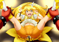 Rule 34 | 10s, 1girl, akaooni, anal, anal object insertion, bike shorts, blonde hair, brooch, cameltoe, clothed sex, colored skin, cure peace, dress, electrocution, electrostimulation, hetero, highres, horns, jewelry, kise yayoi, long hair, magical girl, monster, object insertion, oni, precure, rape, red oni, red skin, scared, sex, skirt, smile precure!, spread legs, tears, wantacchi, yellow dress