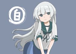 Rule 34 | 1girl, absurdres, blue sailor collar, blue skirt, grey background, grey eyes, highres, kantai collection, leaning forward, long hair, looking at viewer, madmag1990, sailor collar, shirakumo (kancolle), skirt, smile, solo, split mouth, white hair