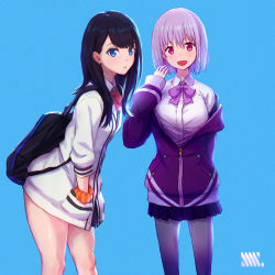 Rule 34 | 10s, 2girls, :d, arm behind back, backpack, bag, black hair, blue background, blue eyes, bow, cardigan, collarbone, collared shirt, commentary request, gridman universe, hair between eyes, hand in pocket, highres, jacket, leaning forward, light purple hair, long hair, long sleeves, looking at viewer, multiple girls, off shoulder, open mouth, orange scrunchie, pantyhose, pleated skirt, purple bow, purple jacket, purple neckwear, red bow, red neckwear, school uniform, scrunchie, shinjou akane, shirt, short hair, shouhei, skirt, sleeves past wrists, smile, ssss.gridman, sweater, takarada rikka, thighs, white cardigan, white shirt, white sweater, wrist scrunchie, zipper pull tab