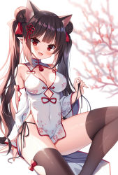 Rule 34 | 1girl, :d, bare shoulders, black hair, black panties, breasts, brown thighhighs, china dress, chinese clothes, cleavage, cleavage cutout, clothing cutout, commission, covered navel, detached sleeves, double bun, dress, hair bun, hair ribbon, highres, horns, large breasts, long hair, long sleeves, looking at viewer, mauve, open mouth, original, panties, pelvic curtain, pointy ears, red eyes, ribbon, second-party source, short dress, side-tie panties, side-tie peek, sidelocks, sitting, smile, solo, thighhighs, thighs, twintails, underwear, very long hair, white dress