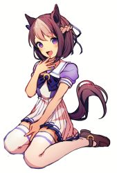 Rule 34 | 1girl, animal ears, blouse, full body, hair ribbon, horse ears, horse girl, horse tail, mary janes, multicolored hair, open mouth, pleated skirt, purple eyes, purple shirt, ribbon, satchely, school uniform, shirt, shoes, short hair, skirt, solo, special week (umamusume), tail, thighhighs, two-tone hair, umamusume, white thighhighs