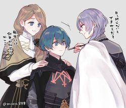 Rule 34 | 1girl, 2boys, armor, ascot, black gloves, blonde hair, blue eyes, blue hair, byleth (fire emblem), byleth (male) (fire emblem), closed mouth, dress, earrings, fire emblem, fire emblem: three houses, garreg mach monastery uniform, gloves, grey background, hair between eyes, hand on another&#039;s shoulder, jewelry, makeup, makeup brush, matching hair/eyes, mercedes von martritz, multiple boys, nintendo, purple eyes, purple hair, short hair, simple background, upper body, yuri leclerc