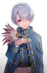 Rule 34 | 1boy, bad id, bad pixiv id, belt, blue hair, closed mouth, feathers, genzuki toujirou, hair over one eye, hand up, high collar, highres, long sleeves, male focus, nijisanji, one eye covered, pants, pi pa, purple eyes, smile, solo, virtual youtuber, white pants