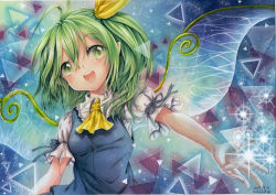 Rule 34 | 1girl, arm ribbon, ascot, blue dress, daiyousei, dress, fairy wings, green eyes, green hair, hair ribbon, looking at viewer, matching hair/eyes, mosho, open mouth, painting (medium), pointy ears, puffy short sleeves, puffy sleeves, ribbon, shirt, short sleeves, side ponytail, smile, solo, touhou, traditional media, upper body, watercolor (medium), wings