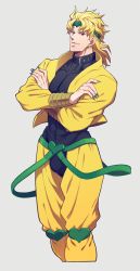 Rule 34 | 1boy, blonde hair, bulge, claws, crossed arms, crotchless, crotchless pants, dio brando, earrings, green nails, haruko (chikadoh), headband, jacket, jewelry, jojo no kimyou na bouken, knee pads, male focus, nail polish, pants, red eyes, solo, stardust crusaders, yellow jacket, yellow pants