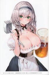 Rule 34 | 1girl, absurdres, alcohol, bare shoulders, beer, beer mug, blush, braid, breasts, cleavage, closed mouth, collarbone, cup, dress, frills, green eyes, hairband, highres, hololive, large breasts, looking at viewer, mug, page number, puffy short sleeves, puffy sleeves, scan, shirogane noel, shirogane noel (dirndl), short hair, short sleeves, simple background, smile, solo, upper body, virtual youtuber, watao, white hair