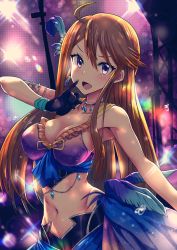 Rule 34 | 1girl, :d, ahoge, armlet, bad id, bad pixiv id, black gloves, blue eyes, breasts, brown hair, cleavage, collarbone, gloves, groin, hair between eyes, highres, idolmaster, idolmaster million live!, large breasts, long hair, looking at viewer, midriff, navel, open mouth, ribbon, run p (aveton), sleeveless, smile, solo, standing, stomach, tokoro megumi, very long hair, yellow ribbon
