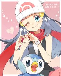 Rule 34 | 1girl, beanie, blue eyes, bracelet, closed mouth, commentary request, creatures (company), dawn (pokemon), eyelashes, game freak, gen 4 pokemon, grey hair, hair ornament, hairclip, hat, heart, heart hands, jewelry, looking at viewer, nintendo, one eye closed, piplup, pokemon, pokemon (anime), pokemon (creature), pokemon dppt (anime), red scarf, sasairebun, scarf, smile, translation request, white headwear
