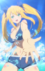 Rule 34 | 1girl, anime screenshot, blonde hair, breasts, cameltoe, cleavage, cloud, covered erect nipples, green eyes, highres, karin (momo kyun sword), large breasts, long hair, momo kyun sword, open mouth, screencap, sky, solo, swimsuit, twintails