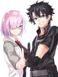 Rule 34 | 1boy, 1girl, bad id, bad pixiv id, black-framed eyewear, black gloves, black hair, black jacket, black shirt, blue eyes, breasts, collared shirt, fate/grand order, fate (series), fujimaru ritsuka (male), fujimaru ritsuka (male) (polar chaldea uniform), glasses, gloves, grin, hair over one eye, highres, hood, hooded jacket, jacket, layered clothes, long sleeves, looking at viewer, mash kyrielight, medium breasts, necktie, pointing, pointing up, pouch, purple eyes, purple hair, red neckwear, shirt, short hair, short sleeves, simple background, smile, upper body, v, white background, white jacket, yahan (mctr5253)