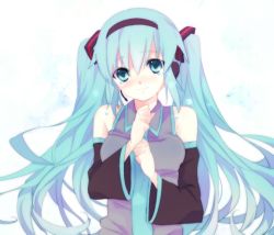 Rule 34 | 1girl, aqua eyes, aqua hair, detached sleeves, female focus, gradient background, hatsune miku, headphones, headset, long hair, necktie, pipetto, simple background, solo, tears, twintails, vocaloid, white background