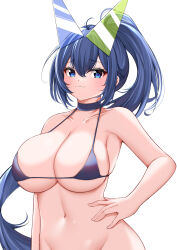 Rule 34 | 1girl, :3, absurdres, azur lane, bare shoulders, bikini, blue bikini, blue choker, blue eyes, blue hair, breasts, catnnn, choker, cleavage, closed mouth, collarbone, commentary request, groin, hair between eyes, hair intakes, hand on own hip, headgear, highres, large breasts, light blush, long hair, looking at viewer, navel, new jersey (azur lane), new jersey (midsummer leisure) (azur lane), official alternate costume, ponytail, sidelocks, simple background, smile, solo, standing, stomach, swimsuit, upper body, very long hair, white background