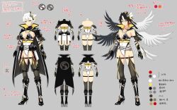 Rule 34 | 1girl, adapted costume, armor, ass, bandages, belt, belt pouch, black cape, black capelet, black footwear, black gloves, black thighhighs, black wings, blush, boots, bracer, breasts, cape, capelet, chain, character sheet, chinese knot, cleavage, collarbone, color guide, concept art, covered navel, elbow gloves, garter straps, gem, gloves, gold trim, grey background, groin, hair ornament, high collar, high heels, highres, japanese armor, kneepits, kote, kurokote, large breasts, leotard, linea alba, looking at viewer, miyabi (senran kagura), multicolored hair, multiple wings, navel, obi, official alternate costume, official alternate hair color, official art, pouch, red gemstone, red hair, sash, senran kagura, senran kagura new link, senran kagura shinovi versus, short hair, shoulder blades, simple background, slit pupils, smile, solo, standing, tassel, thigh strap, thighhighs, translation request, two-tone leotard, underbust, white belt, white hair, white leotard, white wings, wings, yaegashi nan, yellow eyes