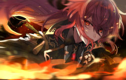Rule 34 | 1boy, black neckwear, commentary request, diluc (genshin impact), doushite, genshin impact, hair between eyes, hair over mouth, highres, jacket, long hair, looking at viewer, male focus, necktie, ponytail, red eyes, red hair, shirt, simple background, tassel