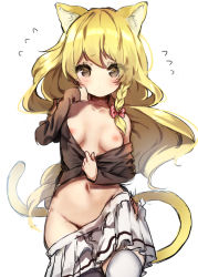 Rule 34 | 1girl, animal ear fluff, animal ears, asymmetrical legwear, black thighhighs, blonde hair, blush, bow, braid, breasts, brown eyes, cat ears, cat tail, clothes pull, commentary request, cowboy shot, eyes visible through hair, flying sweatdrops, groin, hair bow, hand up, kemonomimi mode, kirisame marisa, long hair, long sleeves, looking at viewer, miniskirt, mismatched legwear, navel, nipples, piyokichi, pleated skirt, pulled by self, red bow, shirt pull, simple background, single braid, skirt, skirt pull, sleeves past wrists, small breasts, solo, standing, stomach, tail, thighhighs, thighs, touhou, very long hair, white background, white skirt, white thighhighs