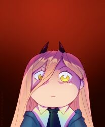 Rule 34 | 1girl, black necktie, blue jacket, chainsaw man, chibi, commentary, english commentary, from below, gradient background, hair between eyes, highres, horns, jacket, necktie, pink hair, power (chainsaw man), red background, red horns, shaded face, skullchimes, solo, yellow eyes