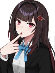 Rule 34 | 1girl, black hair, black jacket, blue bow, blue bowtie, bow, bowtie, commentary, facial mark, finger to mouth, grin, hair intakes, highres, honkai: star rail, honkai (series), jacket, long hair, long sleeves, looking at viewer, nail polish, official alternate costume, parted lips, pink eyes, red nails, shirt, simple background, smile, solo, sparkle (honkai: star rail), upper body, very long hair, vickie (cryingrobot), white background, white shirt
