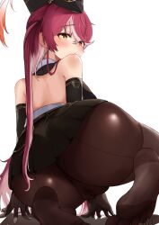 Rule 34 | 1girl, absurdres, ass, ass focus, bare shoulders, black gloves, black hat, black pantyhose, blush, breasts, elbow gloves, gloves, hair between eyes, hat, heterochromia, highres, hololive, houshou marine, houshou marine (marching band), knbd, large breasts, long hair, looking back, multicolored hair, pantyhose, pink hair, red eyes, red hair, shako cap, solo, streaked hair, thighs, virtual youtuber, white background, yellow eyes