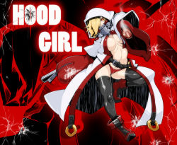 Rule 34 | 1girl, aiming, aiming at viewer, belt, black thighhighs, blonde hair, breasts, bullet hole, character name, covered mouth, foreshortening, full body, gun, hood, hooded jacket, jacket, kamen no hito, large breasts, looking at viewer, navel, no bra, open clothes, open jacket, original, panties, pointing, pointing at viewer, red eyes, red panties, short hair, smoke, smoking barrel, solo, thighhighs, underwear, weapon, white hood, zipper