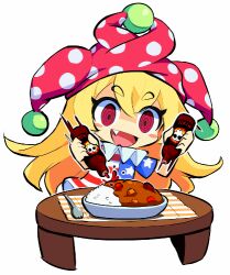 Rule 34 | 1girl, american flag dress, animated, animated gif, blonde hair, blush stickers, chibi, clownpiece, curry, curry rice, dress, fang, food, hat, jester cap, long hair, looping animation, lowres, open mouth, pink hat, polka dot, polka dot headwear, ranka (tonbo), red eyes, rice, short sleeves, simple background, smile, solo, spoon, striped clothes, striped dress, touhou, white background
