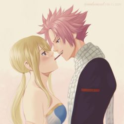 Rule 34 | 1boy, 1girl, annlu vazzel, artist name, bare shoulders, blonde hair, blush, breasts, commentary, couple, dated, english commentary, eye contact, fairy tail, fang, food, highres, large breasts, long hair, looking at another, looking up, lucy heartfilia, natsu dragneel, open mouth, pink hair, pocky, pocky day, pocky kiss, profile, scarf, shared food, short hair, skindentation, smile, spiked hair, twintails, white scarf