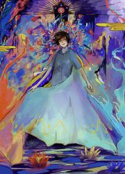 Rule 34 | 1boy, abstract, black hair, blue flower, blue shirt, cloud, cocontma, collared shirt, closed eyes, flower, full body, highres, leaf, open mouth, original, plant, red flower, shirt, short hair, short sleeves, smile, solo, standing, yellow flower