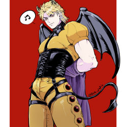 Rule 34 | 1boy, arms behind back, black corset, blonde hair, closed mouth, commentary request, corset, demon horns, demon tail, demon wings, dio brando, ear birthmark, grm jogio, horns, jojo no kimyou na bouken, looking at viewer, male focus, medium hair, muscular, musical note, phantom blood, purple scarf, scarf, smile, solo, spoken musical note, tail, wings