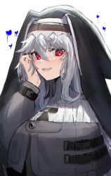 Rule 34 | 1girl, :d, @ @, arknights, black dress, commentary, dress, habit, hand on own cheek, hand on own face, heart, highres, horn/wood, long hair, long sleeves, looking at viewer, nun, open mouth, red eyes, sharp teeth, silver hair, smile, solo, specter (arknights), symbol-only commentary, teeth, upper body